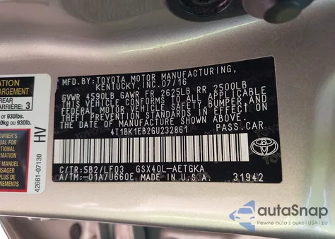 2016 Toyota Avalon Xle Premium z USA, uszkodzony, nr VIN 4T1BK1EB2GU232861